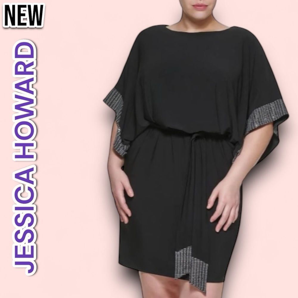 NWT Jessica Howard Elbow Sleeve Boat Neck Metallic Trim Sheath Dress
